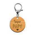 Porte-clé en bois - Super Papy mousqueton argent