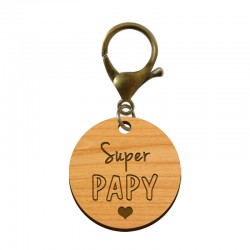 Porte-clé en bois - Super Papy mousqueton bronze
