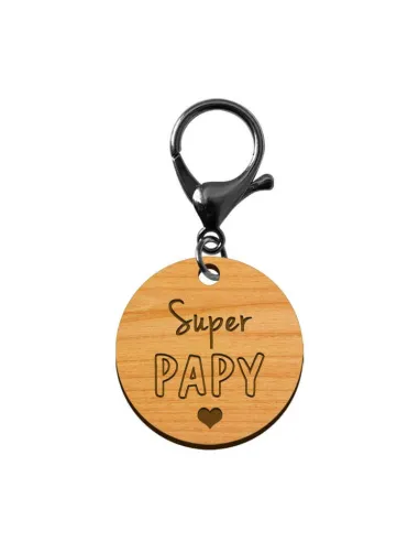 Porte-clé en bois - Super Papy mousqueton noir
