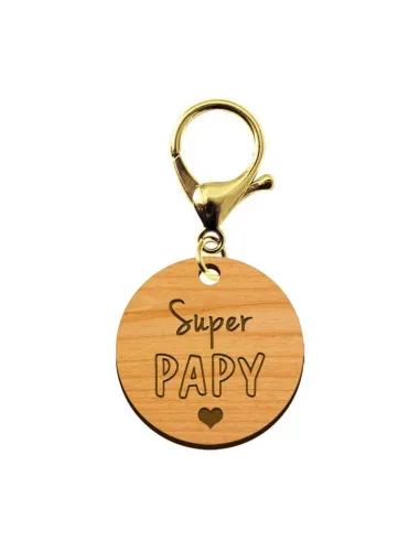 Porte-clé en bois - Super Papy mousqueton doré