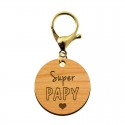 Porte-clé en bois - Super Papy mousqueton doré