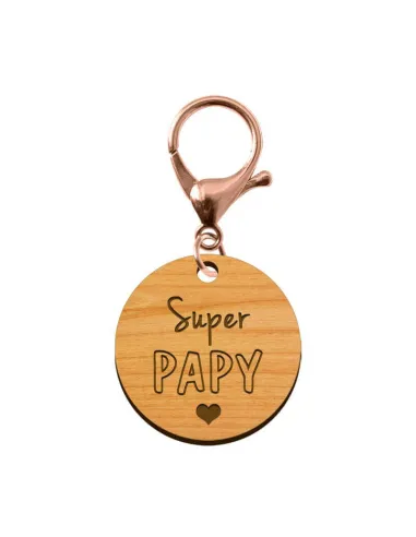 Porte-clé en bois - Super Papy mousqueton rose