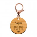 Porte-clé en bois - Super Papy mousqueton rose
