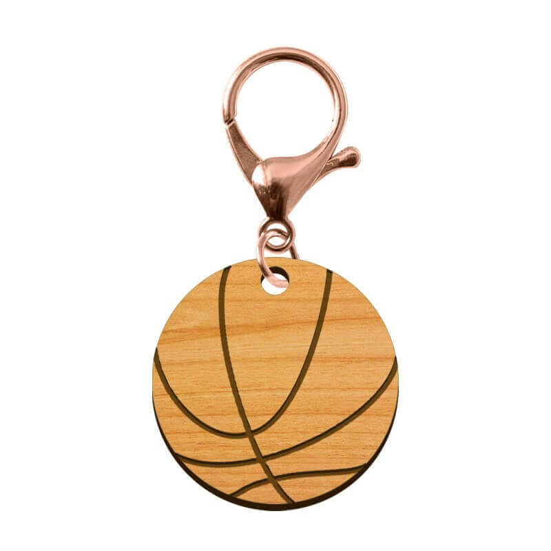 Porte-clé en bois - Ballon de basket mousqueton rose
