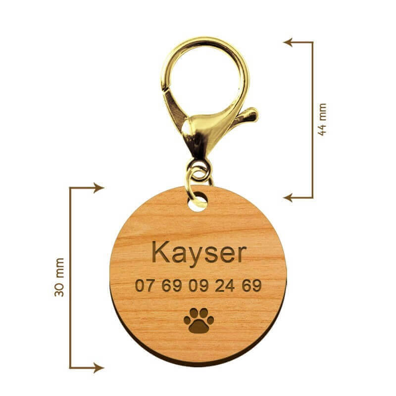 Dimensions médaille pour animal en bois mousqueton doré 