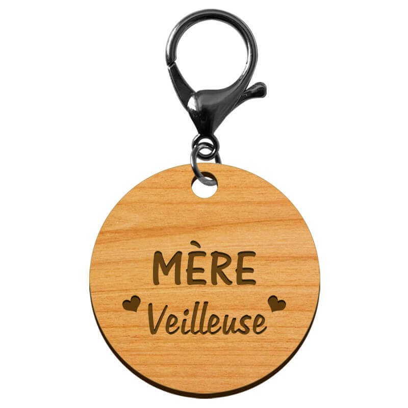 Porte-clé personnalisé en bois - Mère "veilleuse" - 45 mm mousqueton noir