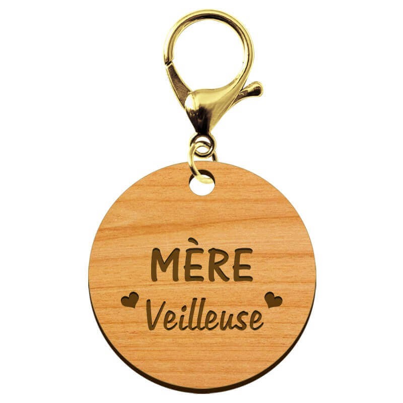 Porte-clé personnalisé en bois - Mère "veilleuse" - 45 mm mousqueton doré