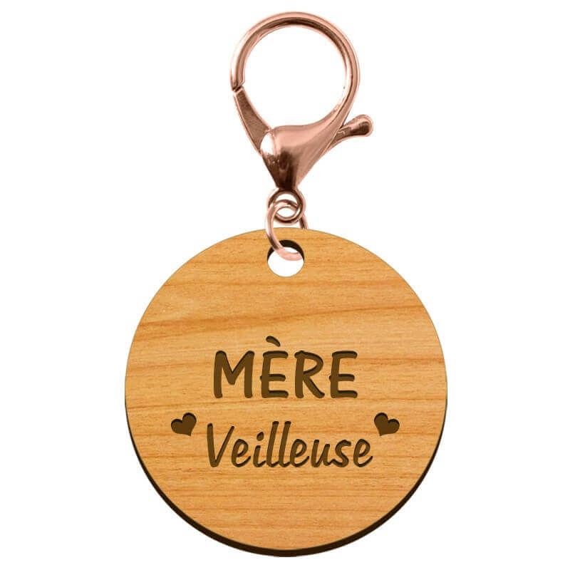 Porte-clé personnalisé en bois - Mère "veilleuse" - 45 mm mousqueton rose