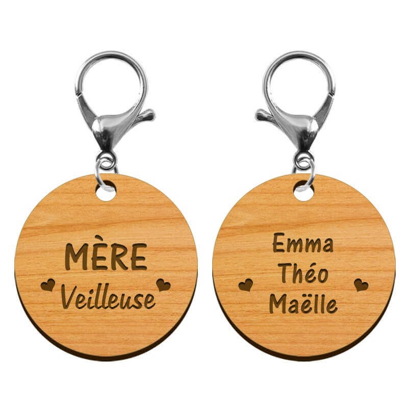 Deux faces porte clé personnalisé en bois - Mère "veilleuse" - 45 mm mousqueton argenté