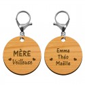 Deux faces porte clé personnalisé en bois - Mère "veilleuse" - 45 mm mousqueton argenté