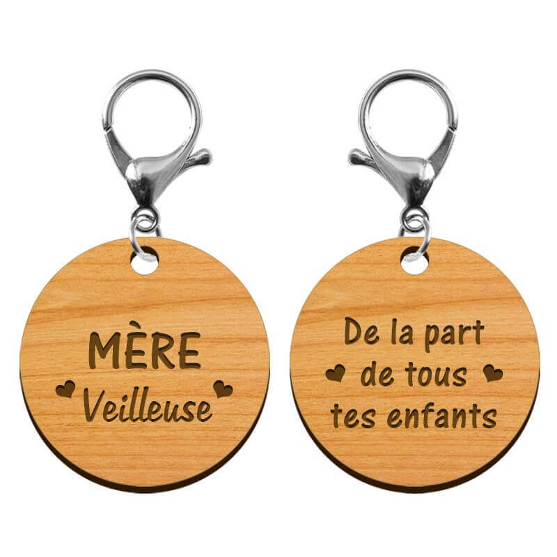 Rectp verso porte clé personnalisé en bois - Mère "veilleuse" - 45 mm mousqueton argenté