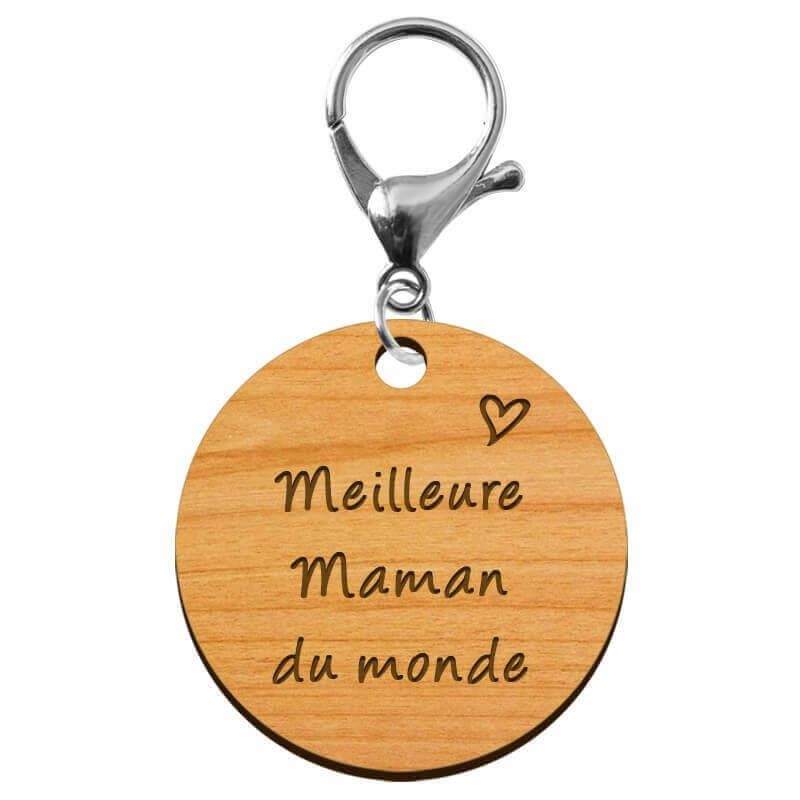 Porte-clé personnalisé en bois - Meilleure Maman du monde" - 45 mm - Verso à personnaliser mousqueton argenté