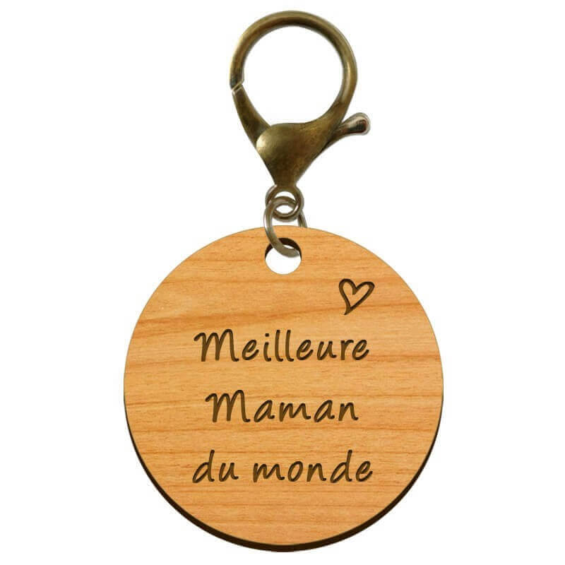 Porte-clé personnalisé en bois - Meilleure Maman du monde" - 45 mm - Verso à personnaliser mousqueton bronze