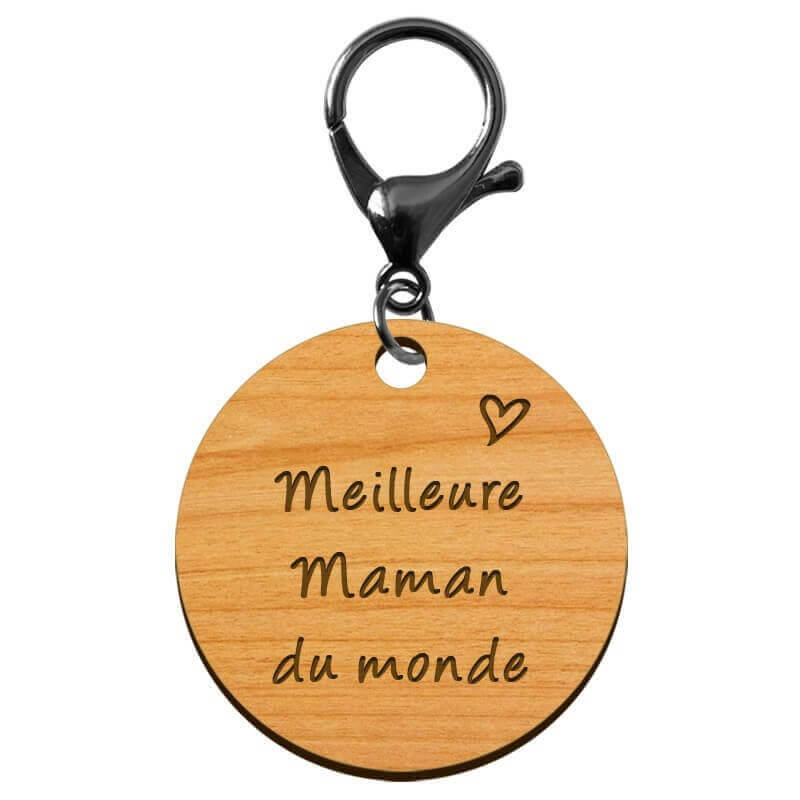 Porte-clé personnalisé en bois - Meilleure Maman du monde" - 45 mm - Verso à personnaliser mousqueton noir