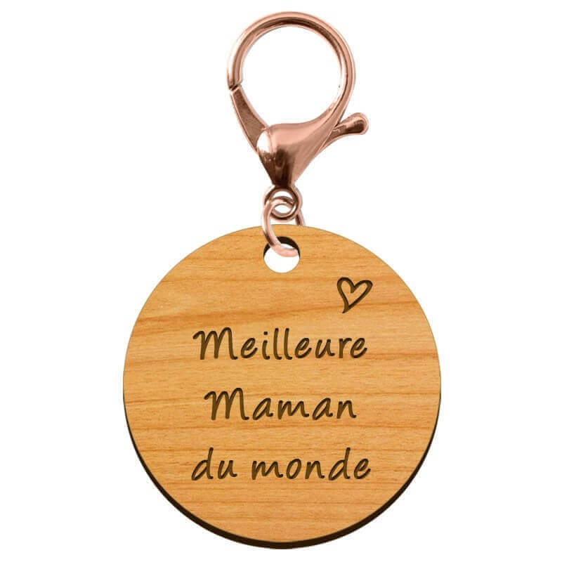 Porte-clé personnalisé en bois - Meilleure Maman du monde" - 45 mm - Verso à personnaliser mousqueton rose