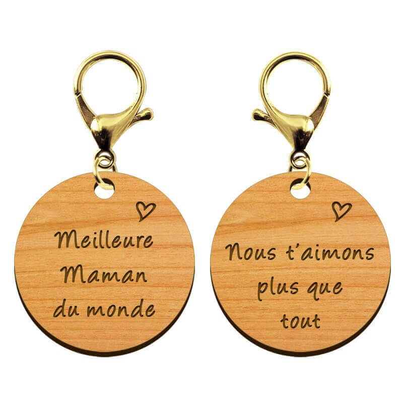 Deux faces porte clef en bois personnalisé - Meilleure Maman du monde" mousqueton doré