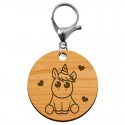 Porte clé licorne en bois personnalisé rond en bois 45 mm mousqueton argenté