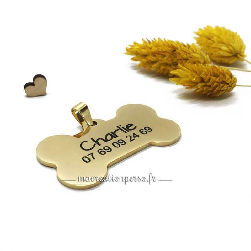 Médaille or chien acier inoxydable gravée Charlie