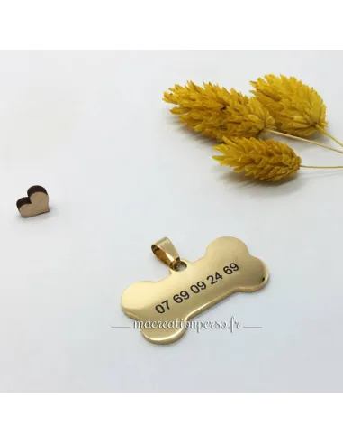 Médaille chien gravée en métal forme d'os avec numéro de téléphone