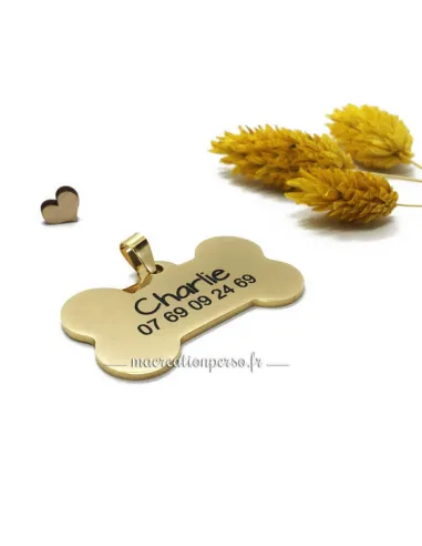 Médaille chien acier inoxydable couleur or prénom Charlie et numéro de téléphone