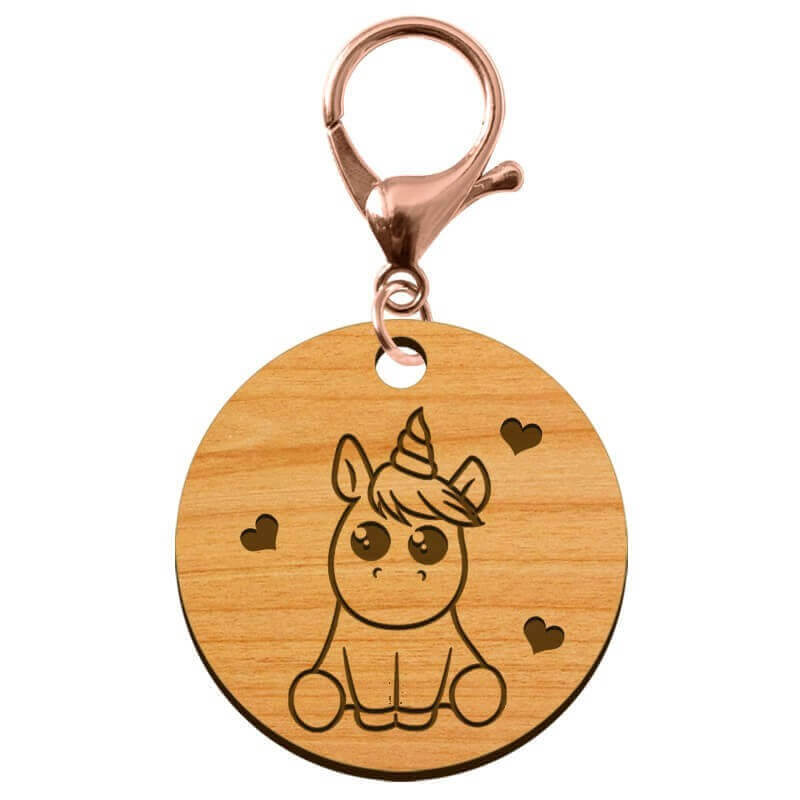 Porte-clef personnalisé rond en bois licorne  mousqueton rose métallisé