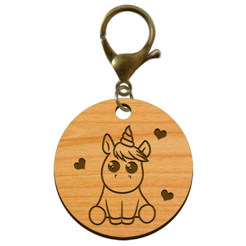 Porte-clés licorne gravé en bois mouqueton vieil or personnalisé