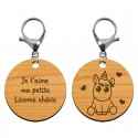 Porte clef licorne personnalisé gravé je t'aime en bois mousqueton argent