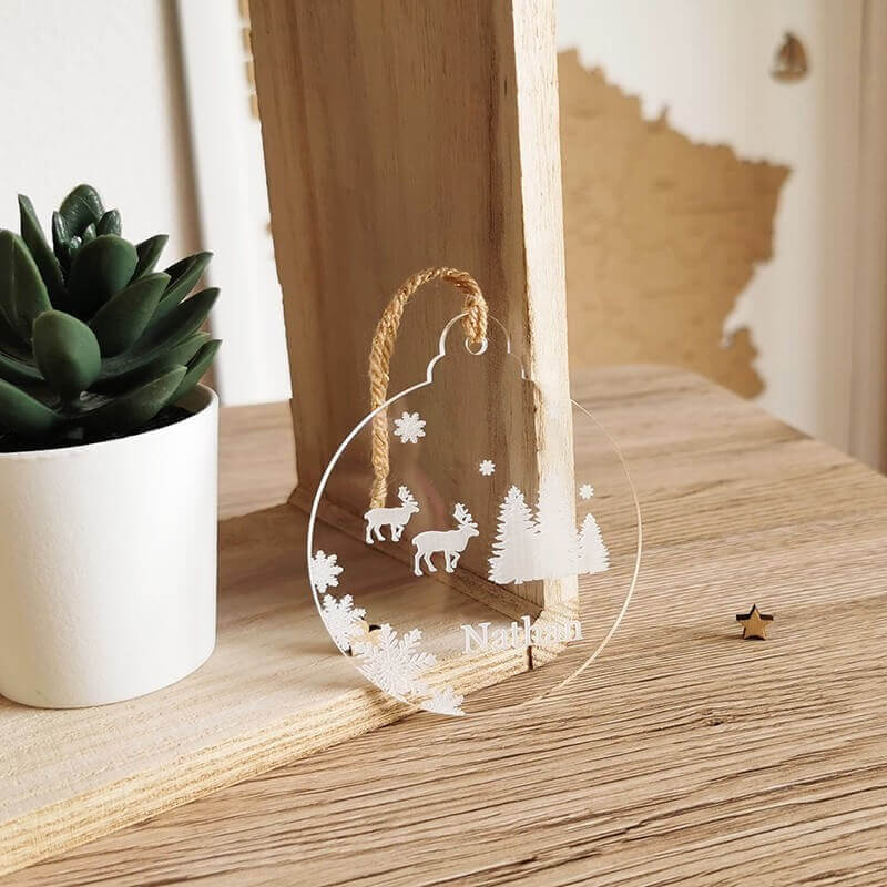 Boule renne de noël personnalisé Prénom transparente et flocon de neige 
