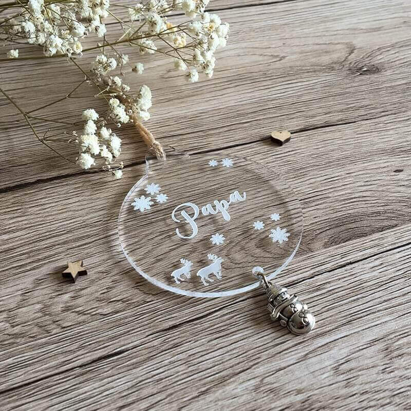 Boule de noël à personnaliser transparente avec breloque bonhomme de neige