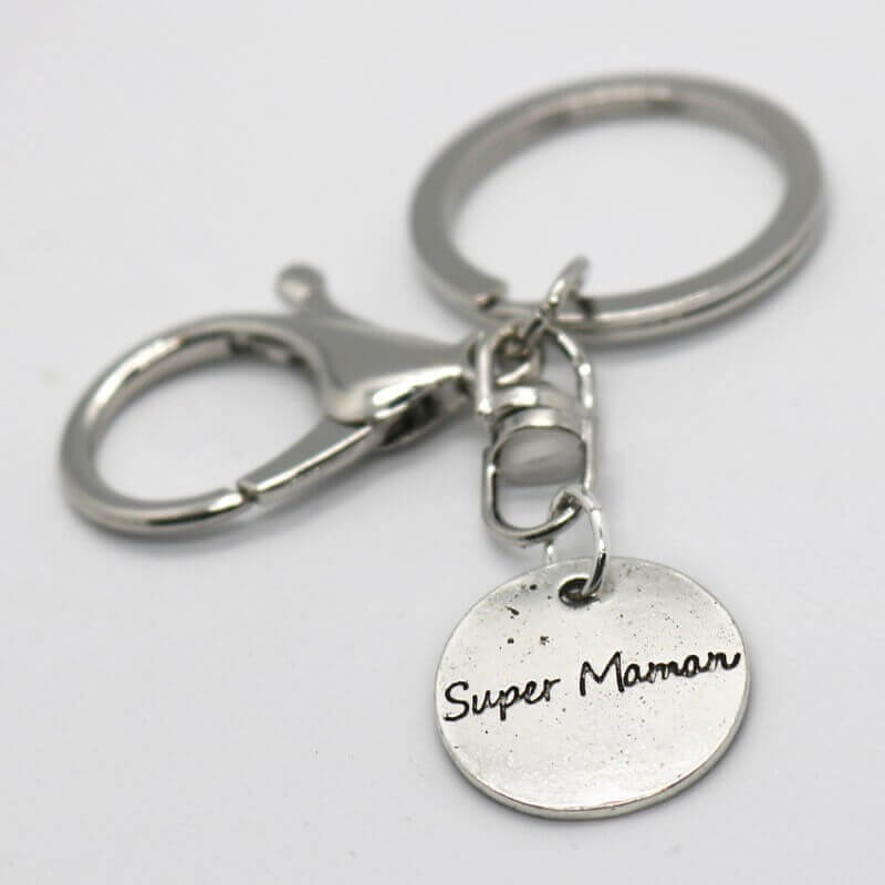 Porte clés argent vieilli - Super Maman