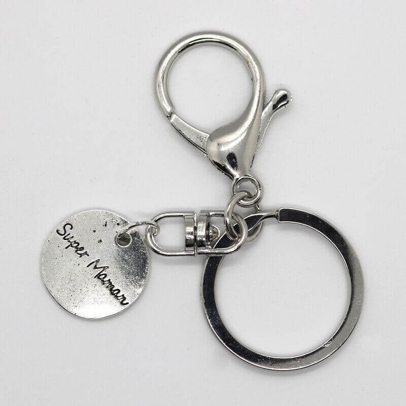 Porte clé mousqueton argent vieilli - Super Maman