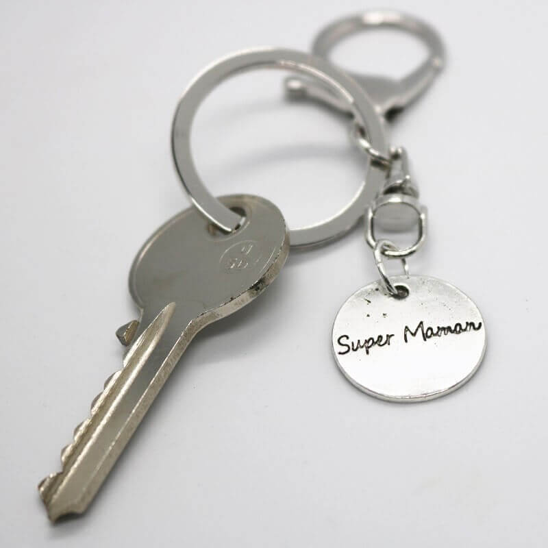 Porte-clés argent vieilli - Super Maman avec mousqueton