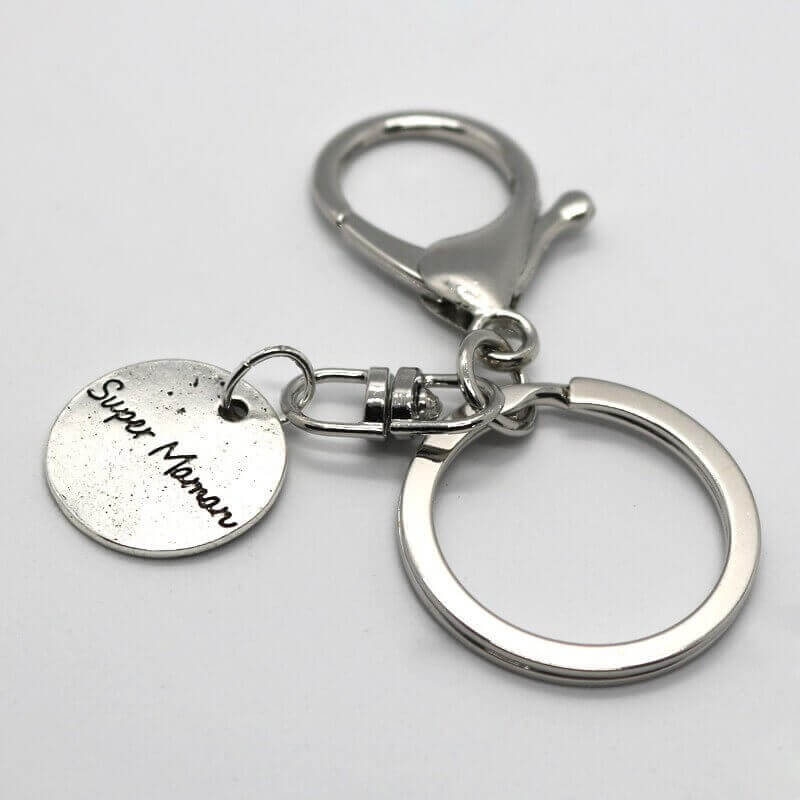 Porte clef argent vieilli - Super Maman mousqueton argenté