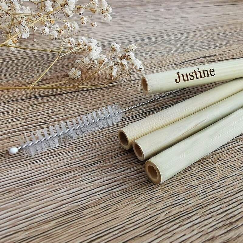 Paille bambou restaurant gravée Justine