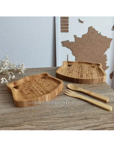Set de table en Bambou assiettes en forme de tête d'ours + cuillère et fourchette à personnaliser