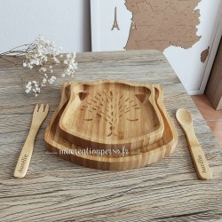 Set de table en Bambou assiettes en forme de tête d'ours + cuillère et fourchette à personnaliser