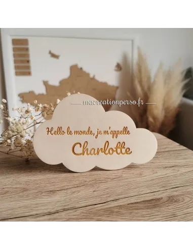 Carte de naissance prénom Charlotte en bois en forme de nuage