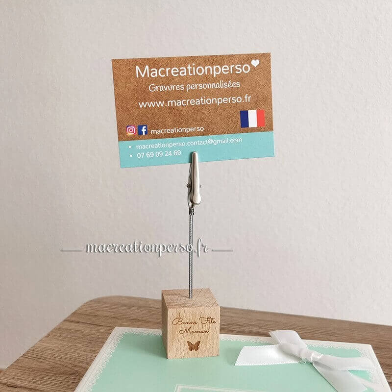 Support photo pince accroche personnalisé cube en bois