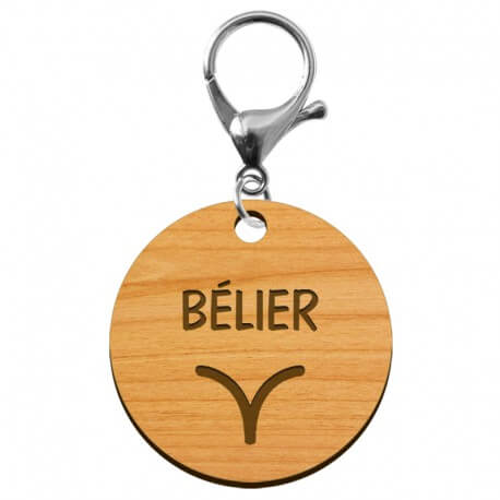 Bélier signe astrologique porte clé bois personnalisé mousqueton argenté