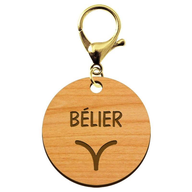 Signe du bélier en porte clé bois à personnaliser mousqueton doré
