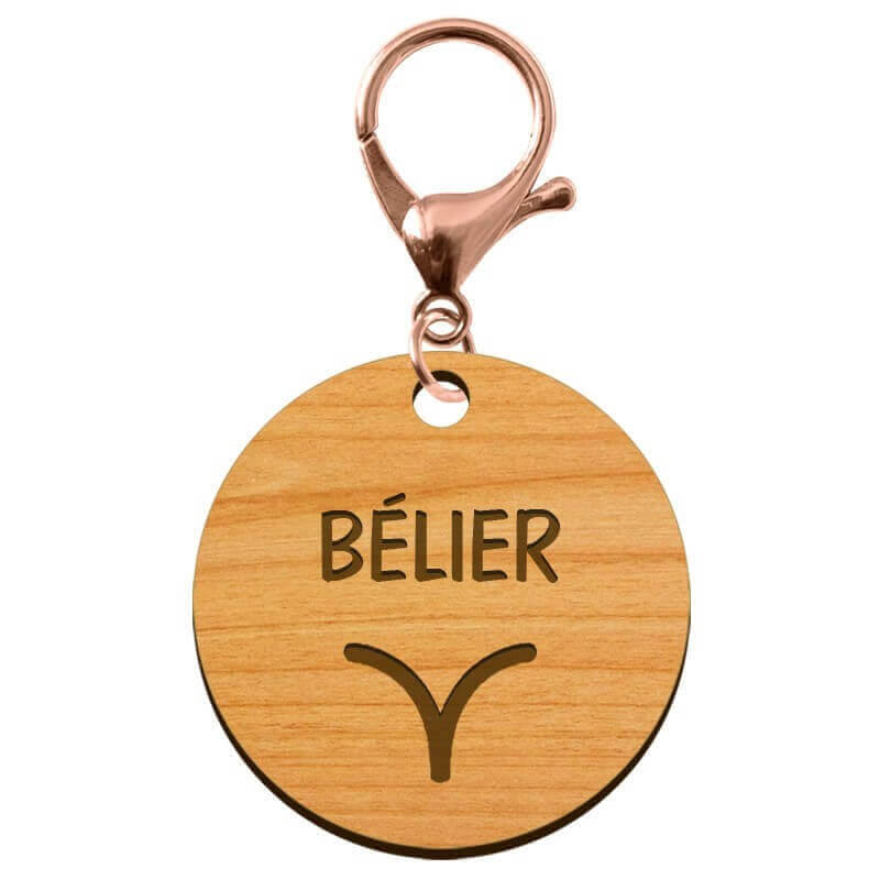 Porte clé bois gravé signe astrologique Bélier mousqueton rose