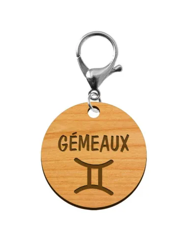 Signe gémeaux astrologique porte clé en bois personnalisé mousqueton argenté