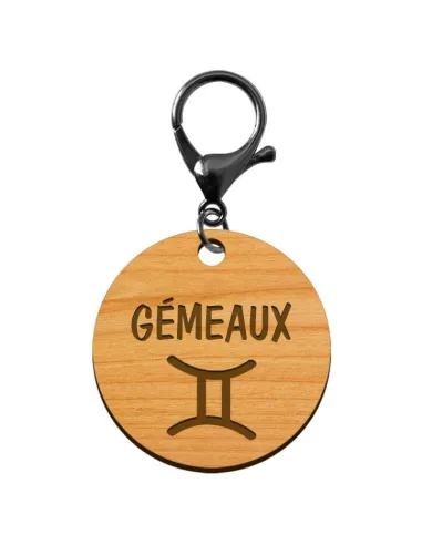 Porte-clé personnalisé bois signe du gémeaux mousqueton noir