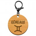 Porte-clé personnalisé bois signe du gémeaux mousqueton noir