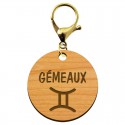 Gémeaux signe astrologique porte clé bois personnalisé mousqueton doré