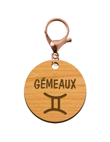 Signe astro gémeaux porte clé bois personnalisé mousqueton métal rose