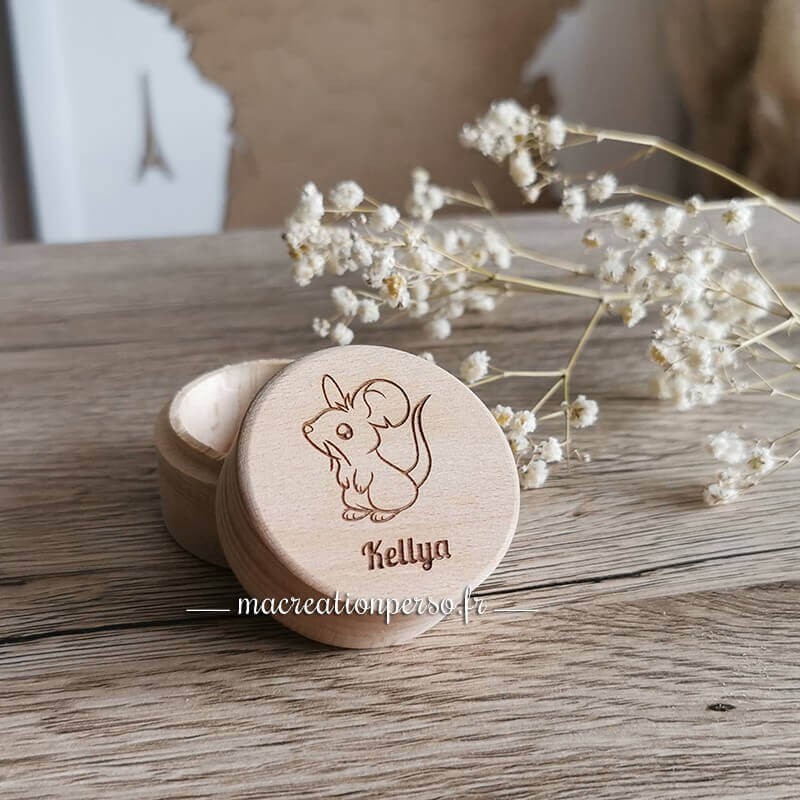 Boîte à dent en bois gravure souris et prénom Kellya