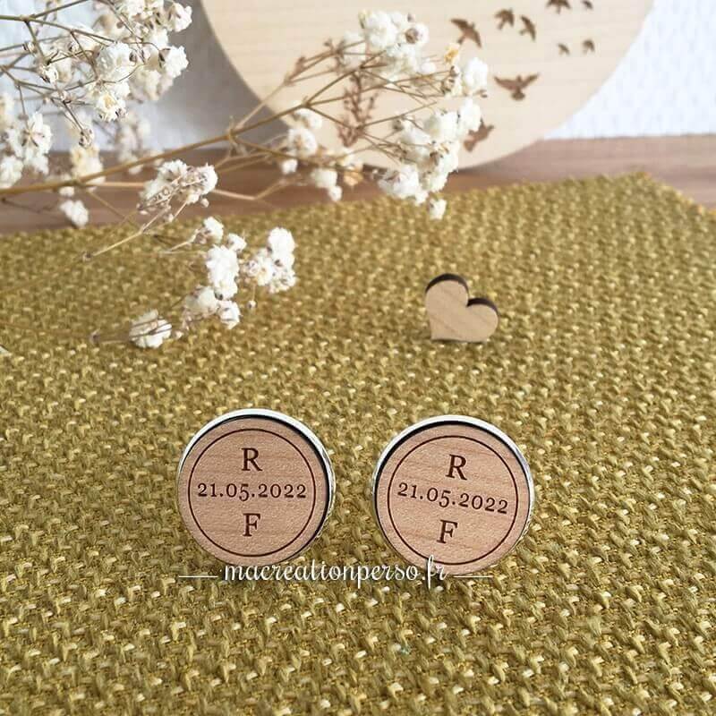 Boutons de manchette personnalisés  en bois - Date + initiales