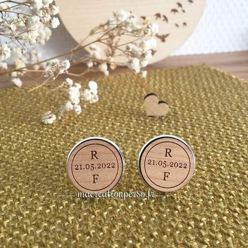 Boutons de manchette personnalisés mariage bois et argent 