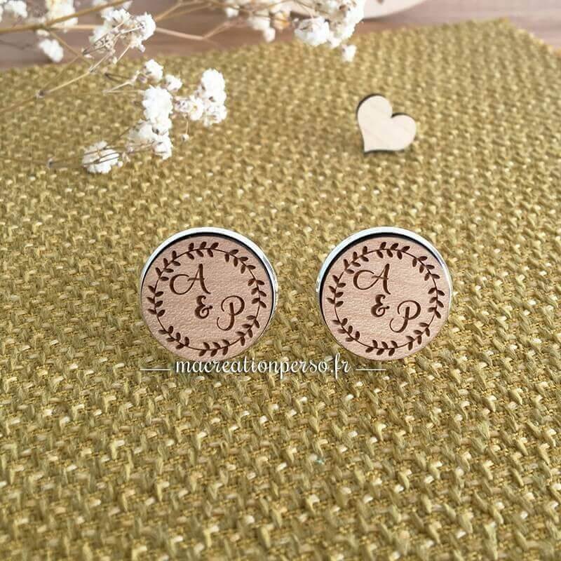 Boutons de manchette personnalisable argent et bois 